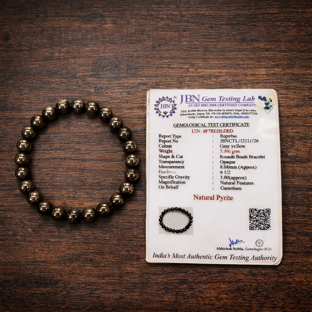 Ganesham Natural Pyrite Bracelet for Men & Women | Wealth & Protection Crystal Bracelet | Certified by JBN Gem Testing Lab, Jaipur - Image 4