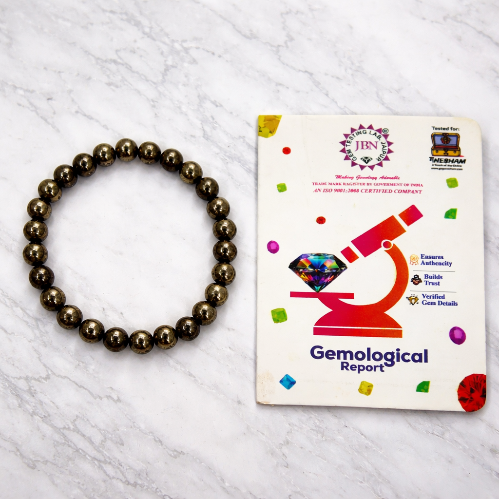 Ganesham Natural Pyrite Bracelet for Men & Women | Wealth & Protection Crystal Bracelet | Certified by JBN Gem Testing Lab, Jaipur - Image 8