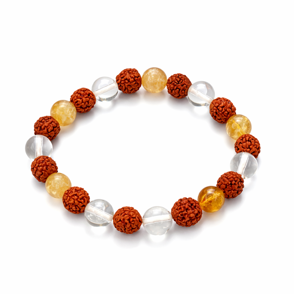 Ganesham Original Rudraksha Citrine & Sphatik Healing Bracelet | Natural Rock Crystal & Citrine Beads | Spiritual Protection, Wealth Attraction & Energy Balance Bracelet (JBN Gem Testing Lab Certified)