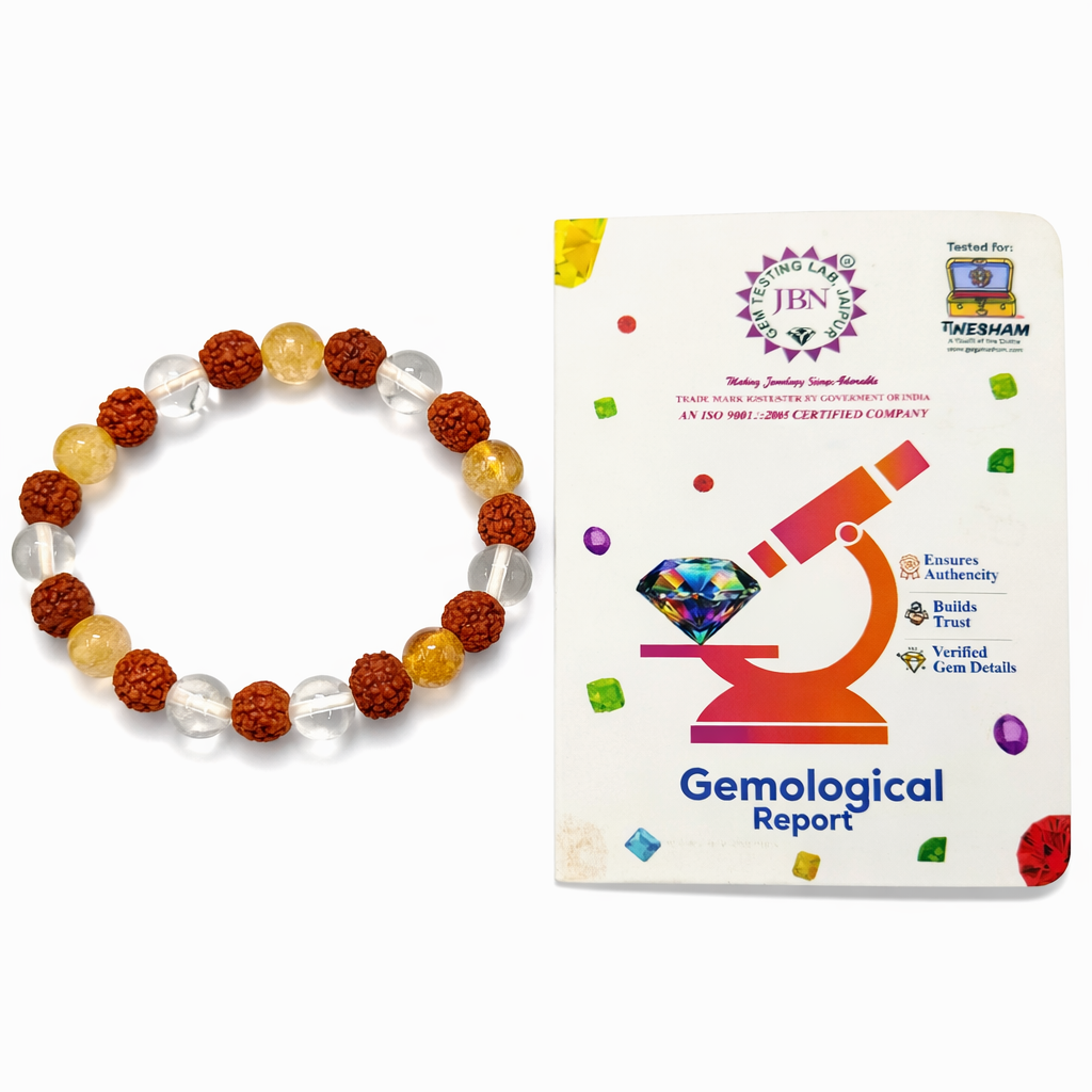 Ganesham Original Rudraksha Citrine & Sphatik Healing Bracelet | Natural Rock Crystal & Citrine Beads | Spiritual Protection, Wealth Attraction & Energy Balance Bracelet (JBN Gem Testing Lab Certified) - Image 4