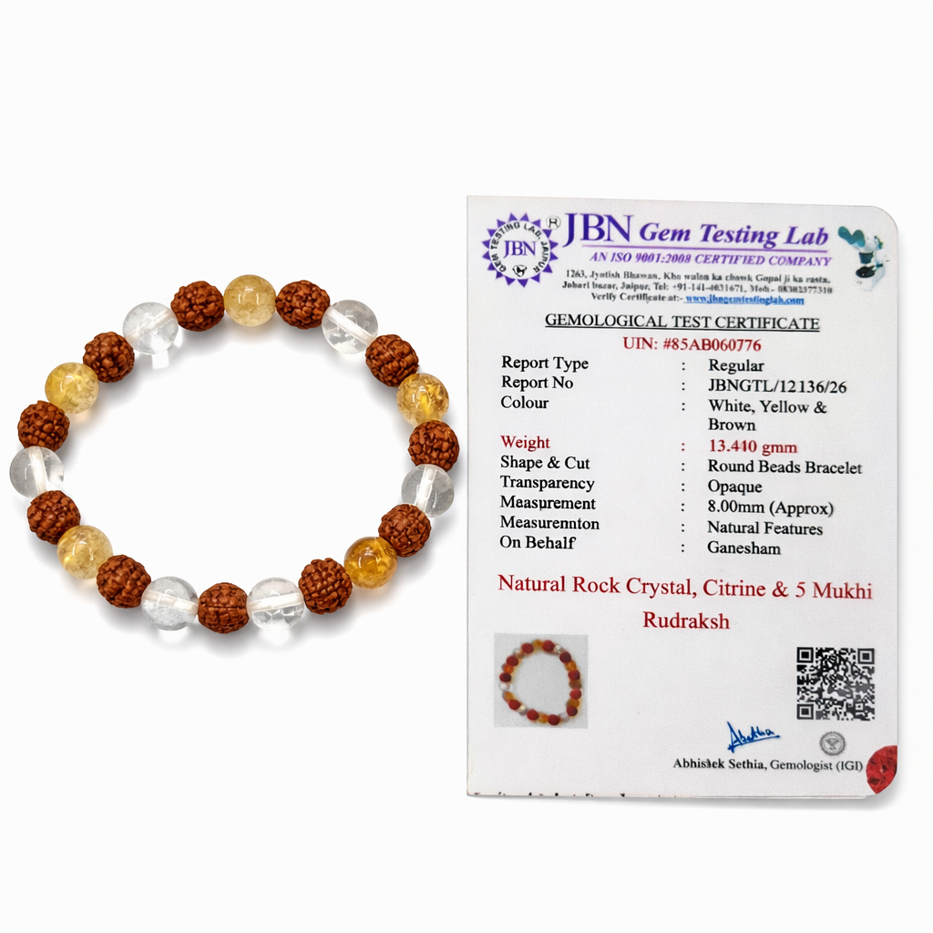 Ganesham Original Rudraksha Citrine & Sphatik Healing Bracelet | Natural Rock Crystal & Citrine Beads | Spiritual Protection, Wealth Attraction & Energy Balance Bracelet (JBN Gem Testing Lab Certified) - Image 5