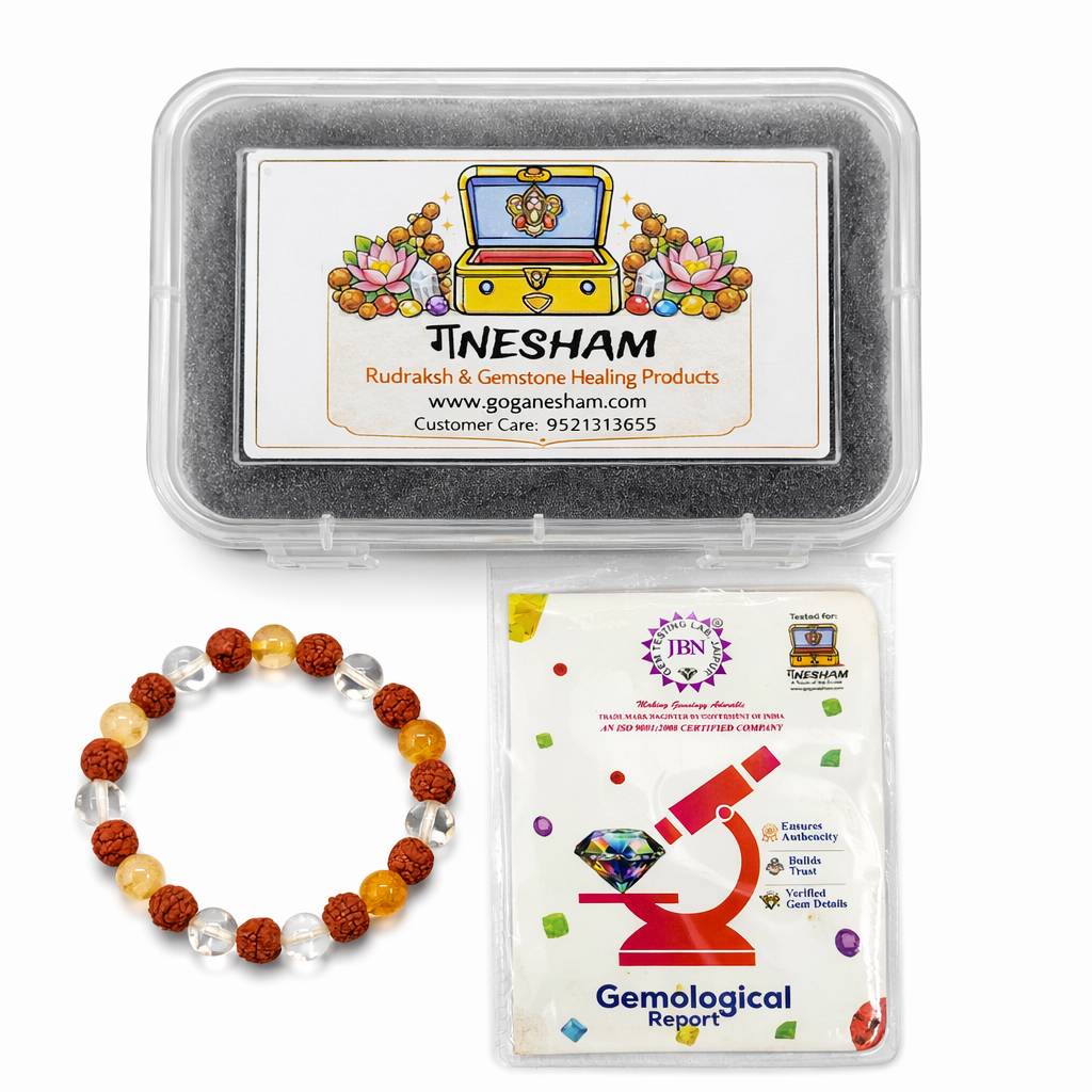 Ganesham Original Rudraksha Citrine & Sphatik Healing Bracelet | Natural Rock Crystal & Citrine Beads | Spiritual Protection, Wealth Attraction & Energy Balance Bracelet (JBN Gem Testing Lab Certified) - Image 6