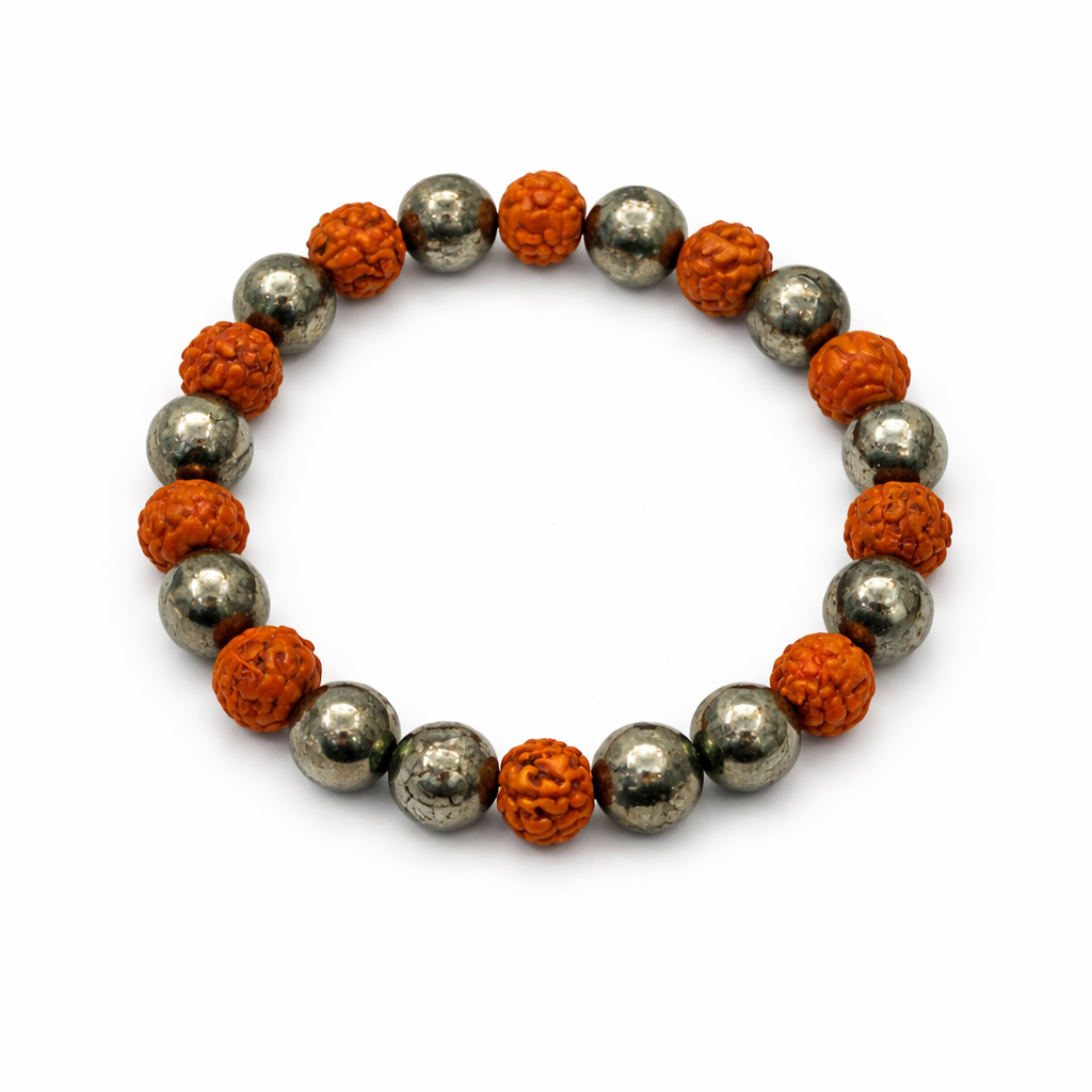 Ganesham 5 Mukhi Original Rudraksha & Natural Pyrite Bracelet – Certified Energized Protection & Wealth Bracelet | Easy Wear Daily Spiritual Healing Bracelet for Men & Women