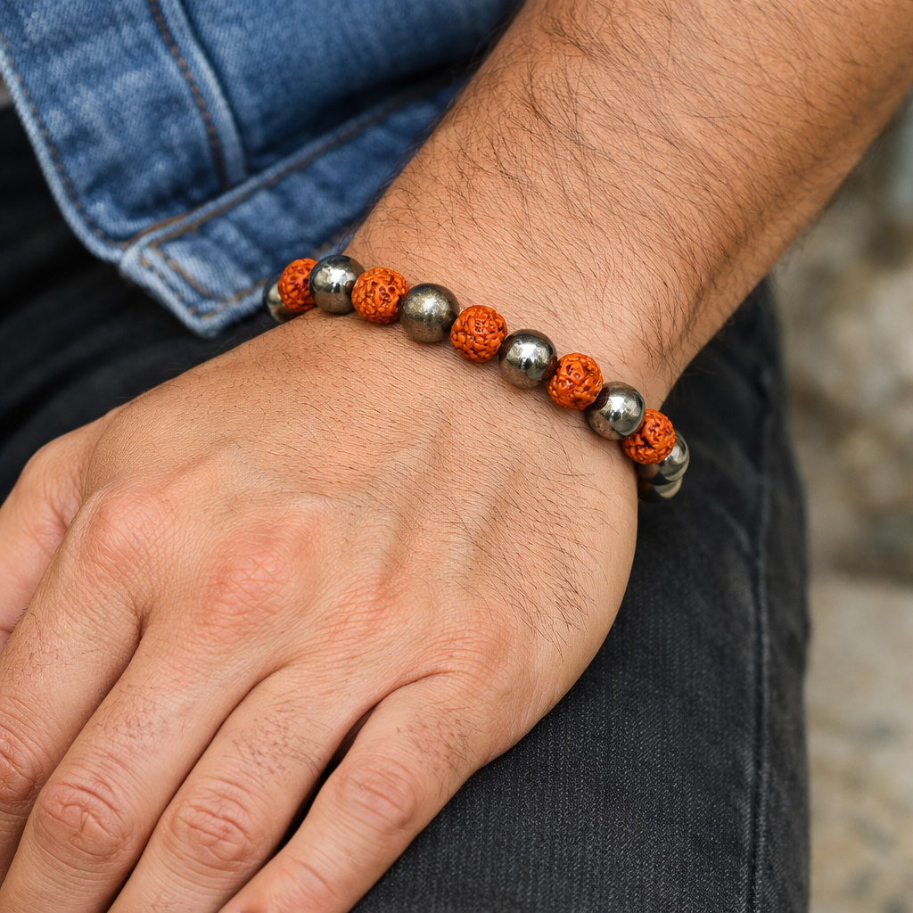 Ganesham 5 Mukhi Original Rudraksha & Natural Pyrite Bracelet – Certified Energized Protection & Wealth Bracelet | Easy Wear Daily Spiritual Healing Bracelet for Men & Women - Image 7