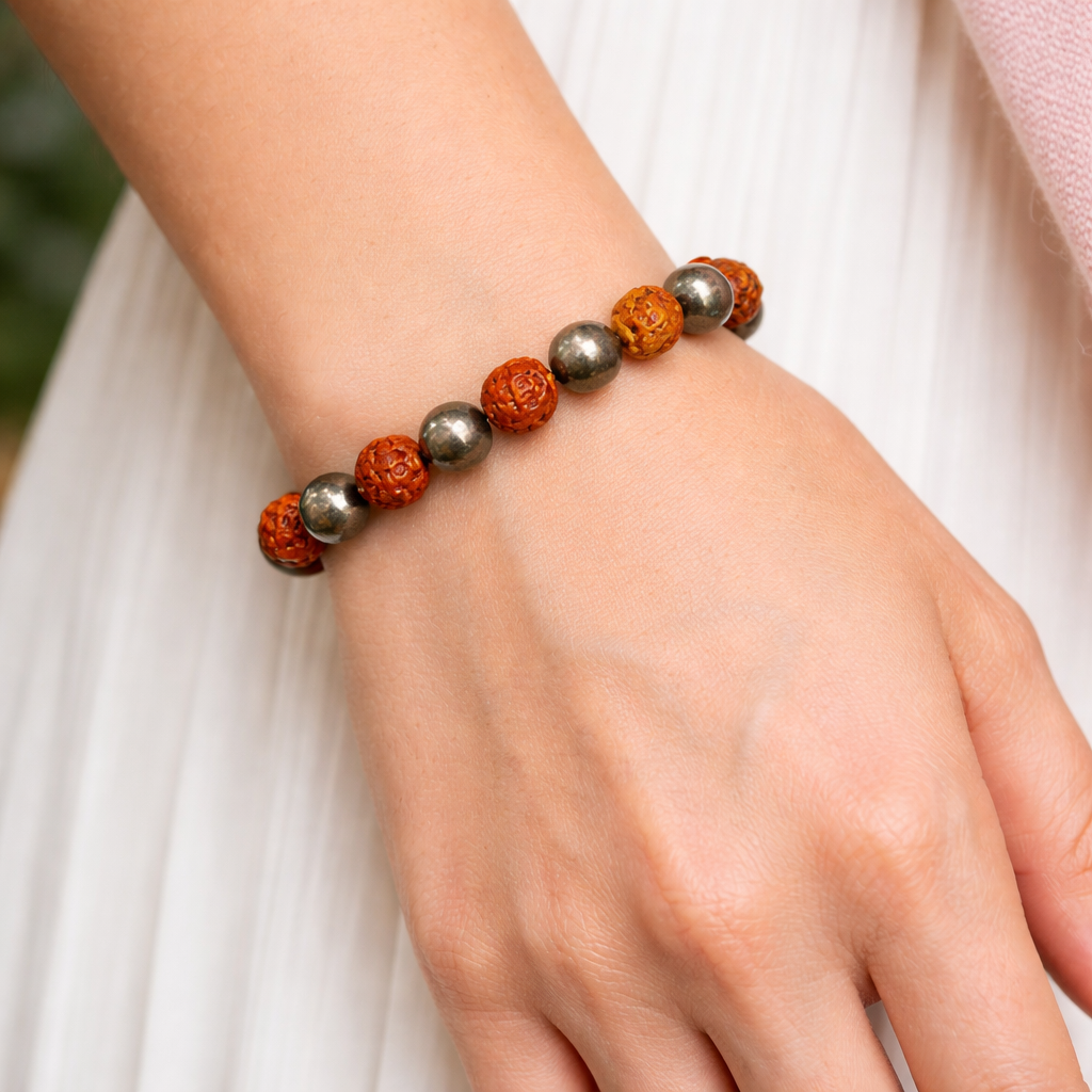 Ganesham 5 Mukhi Original Rudraksha & Natural Pyrite Bracelet – Certified Energized Protection & Wealth Bracelet | Easy Wear Daily Spiritual Healing Bracelet for Men & Women - Image 6