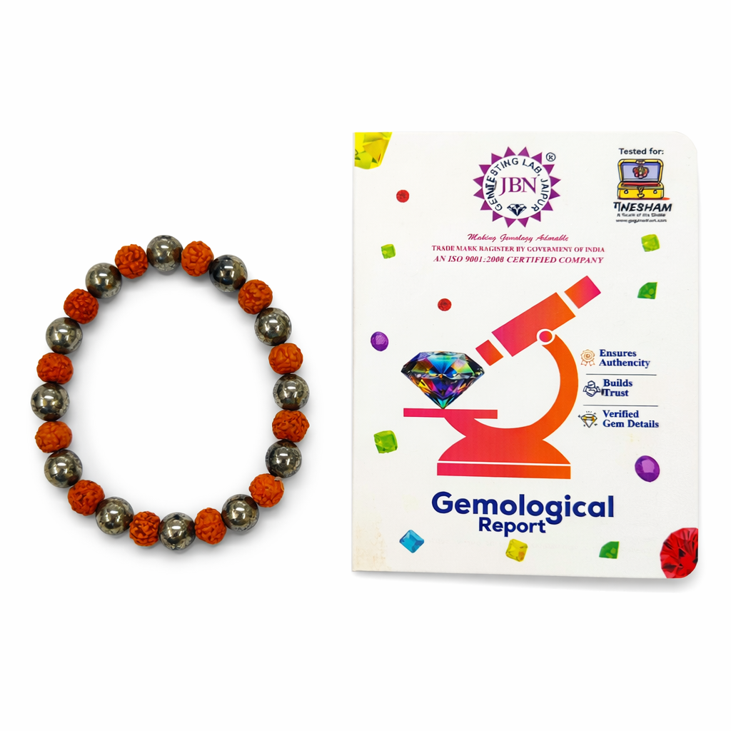 Ganesham 5 Mukhi Original Rudraksha & Natural Pyrite Bracelet – Certified Energized Protection & Wealth Bracelet | Easy Wear Daily Spiritual Healing Bracelet for Men & Women - Image 5