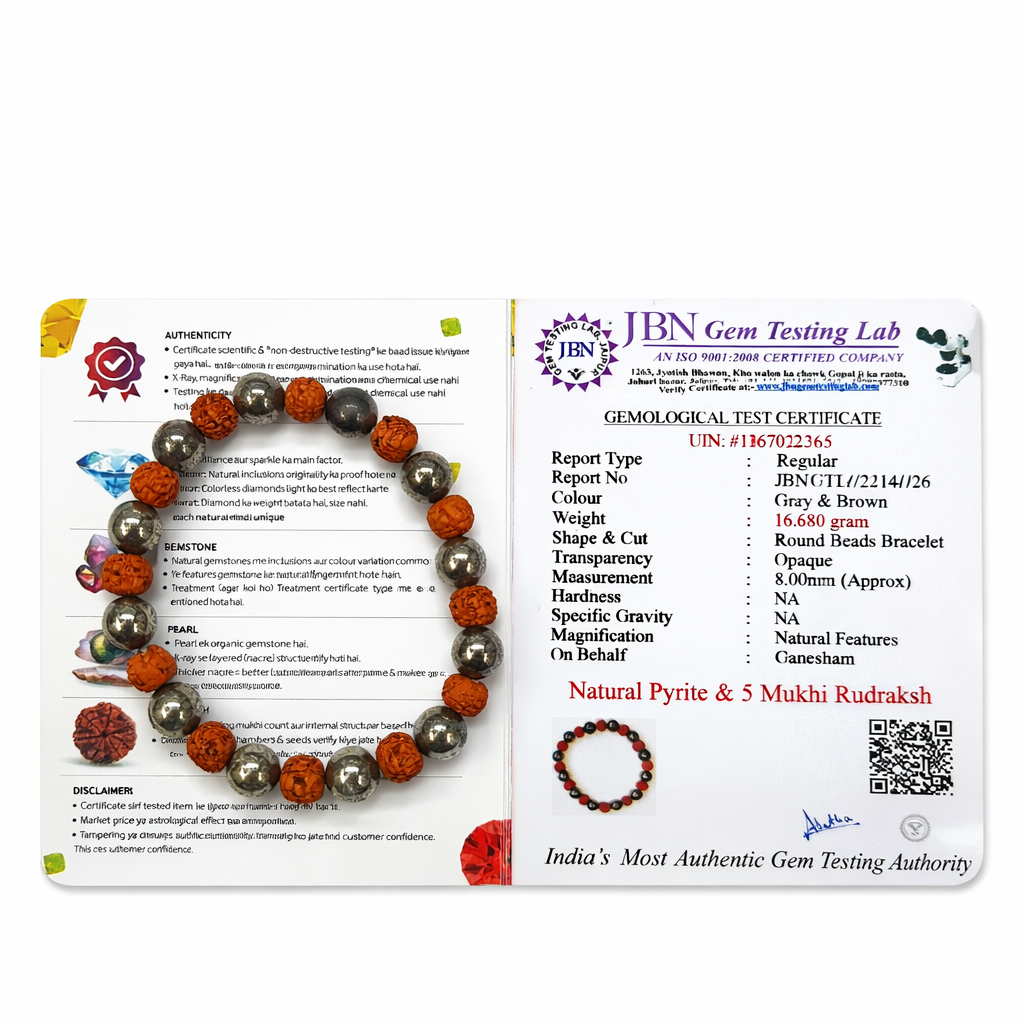 Ganesham 5 Mukhi Original Rudraksha & Natural Pyrite Bracelet – Certified Energized Protection & Wealth Bracelet | Easy Wear Daily Spiritual Healing Bracelet for Men & Women - Image 4