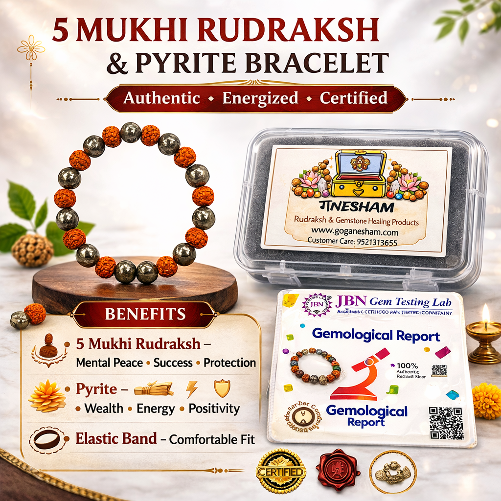 Ganesham 5 Mukhi Original Rudraksha & Natural Pyrite Bracelet – Certified Energized Protection & Wealth Bracelet | Easy Wear Daily Spiritual Healing Bracelet for Men & Women - Image 2