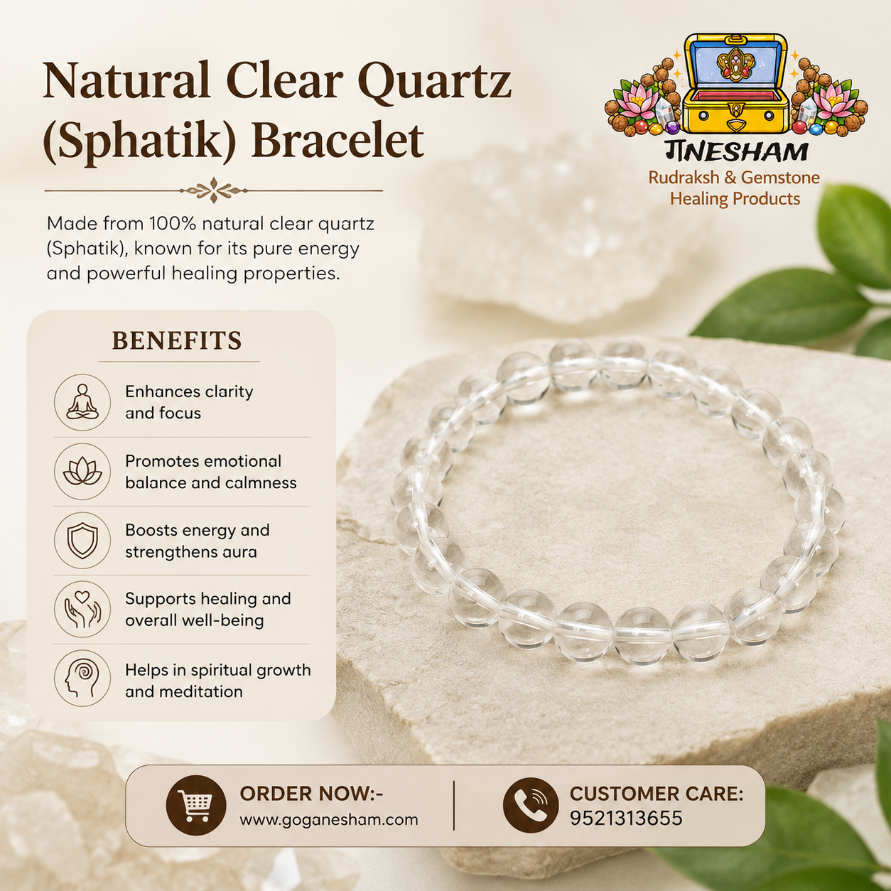 Ganesham Natural Clear Quartz (Sphatik) Bracelet for Men & Women | Original Crystal Healing Bracelet | Positive Energy, Meditation & Spiritual Healing | JBN Gem Testing Lab Certified - Image 7